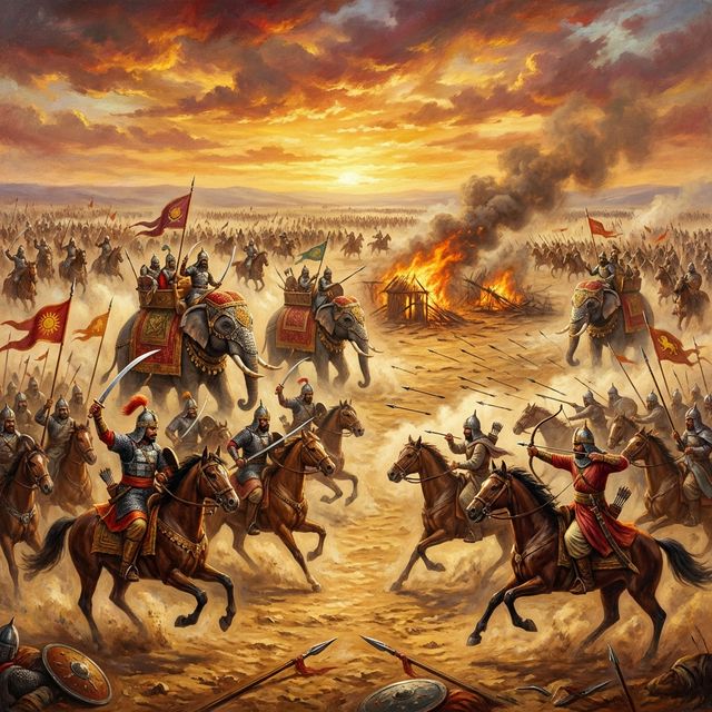 Dramatic painting of medieval Indian cavalry battle representing the Battle of Tarain — the pivotal confrontation between Muhammad Ghori's Ghurid forces and the Rajput armies of Prithviraj Chauhan