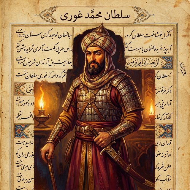 AI-generated historical portrait painting of Muhammad Ghori (Muhammad of Ghor) — 12th century Ghurid sultan wearing royal turban and battle armor, the conqueror who defeated Prithviraj Chauhan and established Islamic rule in India