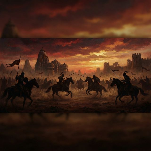 Wide panoramic depiction of medieval Indian battlefield circa 1192 CE — silhouettes of soldiers on horseback against a dramatic crimson and gold sunset sky, ancient temple ruins visible in the distance, atmospheric battlefield haze representing the conquest of India by Muhammad Ghori and the fall of Hindu kingdoms