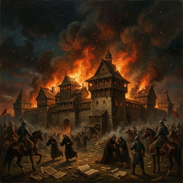 Dramatic historical painting of the burning of Nalanda University in 1193 CE — ancient monastery complex and libraries engulfed in fire and smoke, Buddhist monks fleeing as the world's greatest center of learning is destroyed by Muhammad Ghori's forces under Bakhtiyar Khilji, night sky illuminated by the flames of millions of burning manuscripts