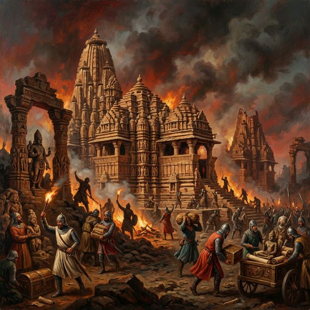 Dramatic historical painting of the systematic destruction of an ancient Indian Hindu temple complex — stone carvings being defaced, idols smashed, and the temple structure being dismantled by medieval soldiers, representing the sacking of Varanasi and other sacred sites during Muhammad Ghori's 1194 campaign